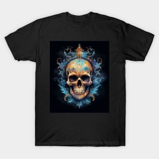 Skull on Blue Fire: Baroque Vintage Ornament Background T-Shirt